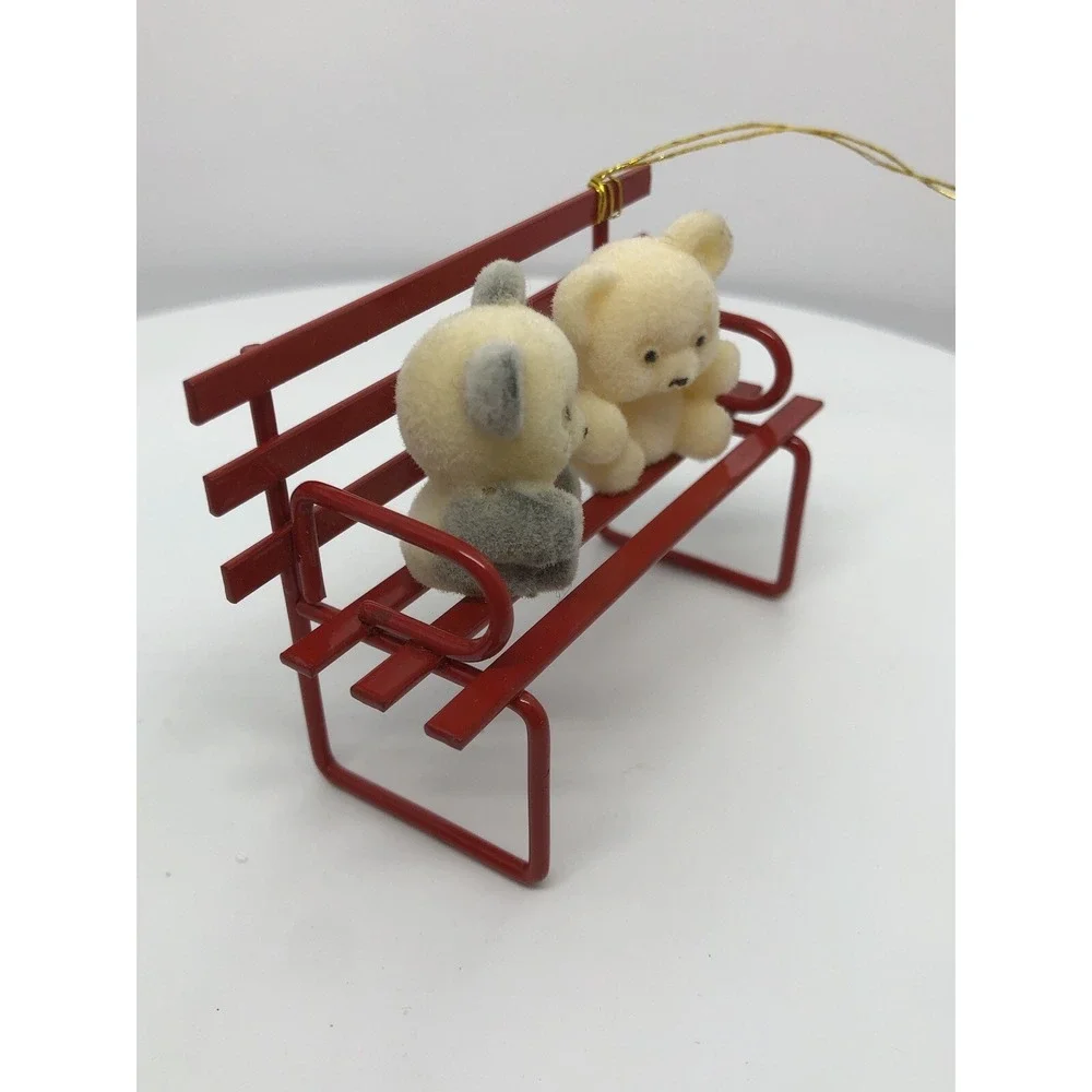 Vintage Russ Berrie & Co Red Metal Bench with 2 Bears Christmas‎ Ornament